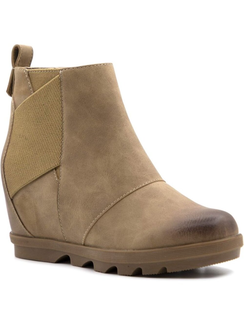 Women's Khaki Faux Leather Comfortable Low Hidden Wedge Casual Short Ankle Boots